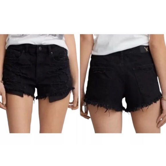 AEO Black Frayed Distressed Jean Shorts - Size 6 - Picture 7 of 7